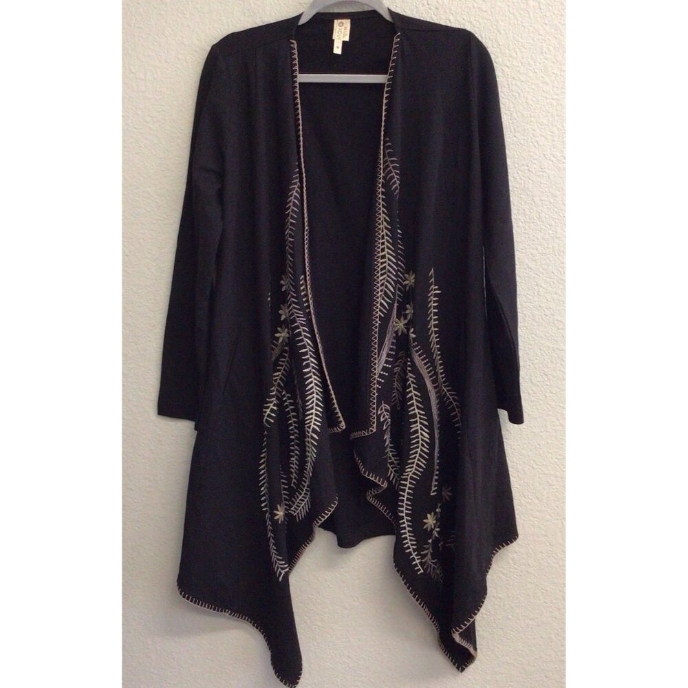 XCVI Art To Wear Black Embroidered Open Waterfall Cardigan Lagenlook Boho Medium
